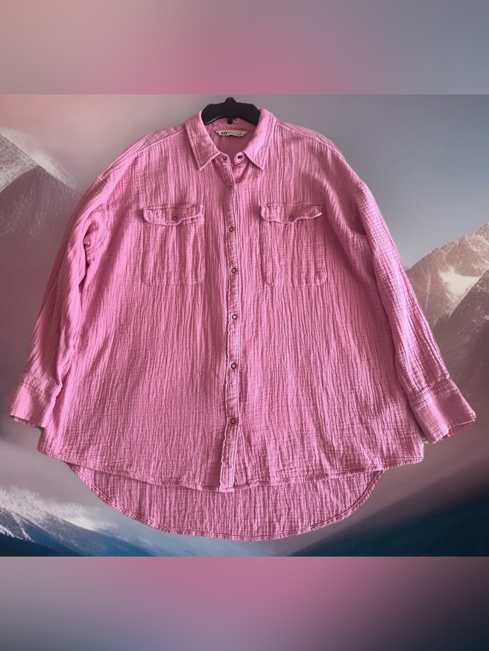 SO 100% Cotton Gauze Button Snap Down LS Shirt Pink Sz M Medium Oversized Beach